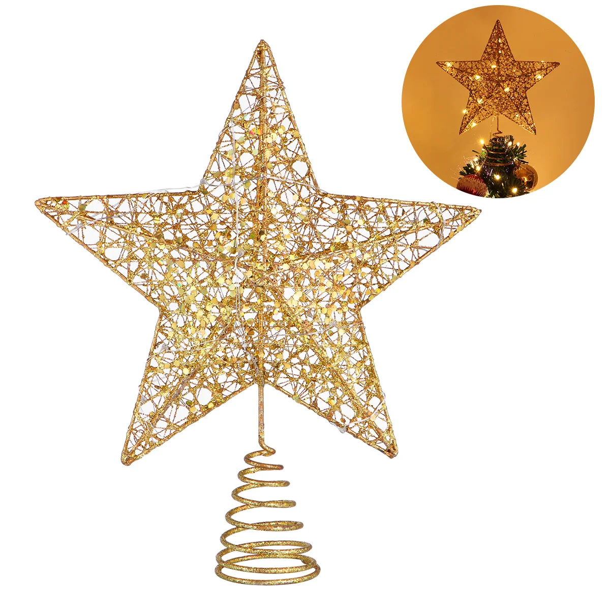 

Christmas Tree Topper Star Silver Powder Coated Metal Spring Stand Colorful LED Lights Christmas Party Decoration Romantic