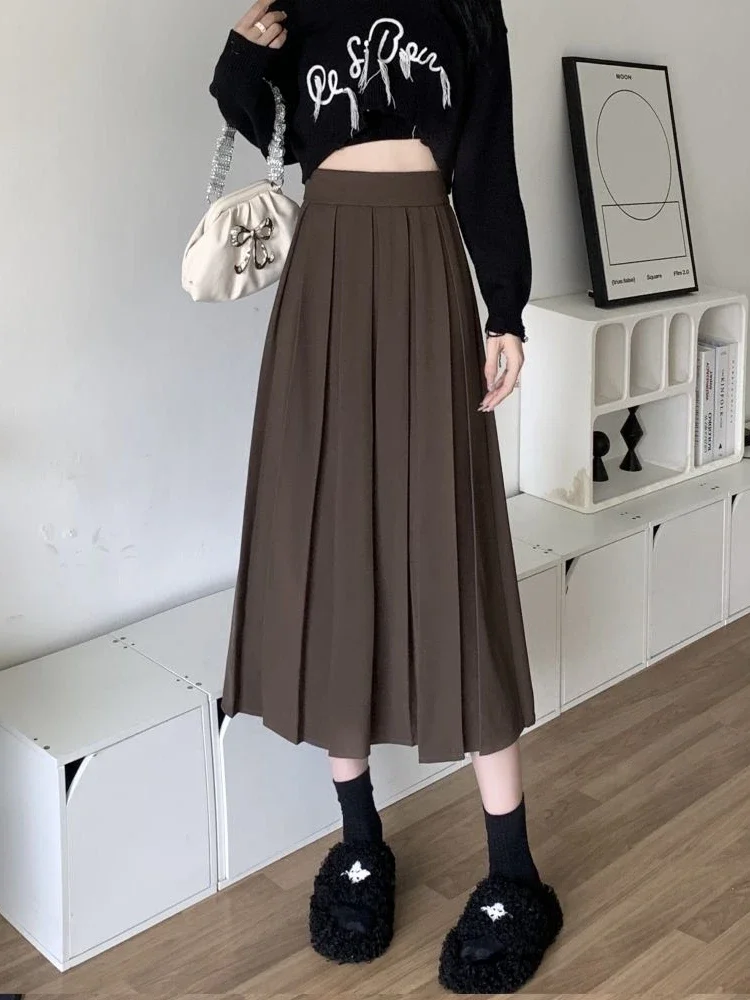 

Long Pleated Skirt Women Vintage Korean Fashion Solid High Waist A-line Midi Skirt School Girl Elegant Casual Autumn