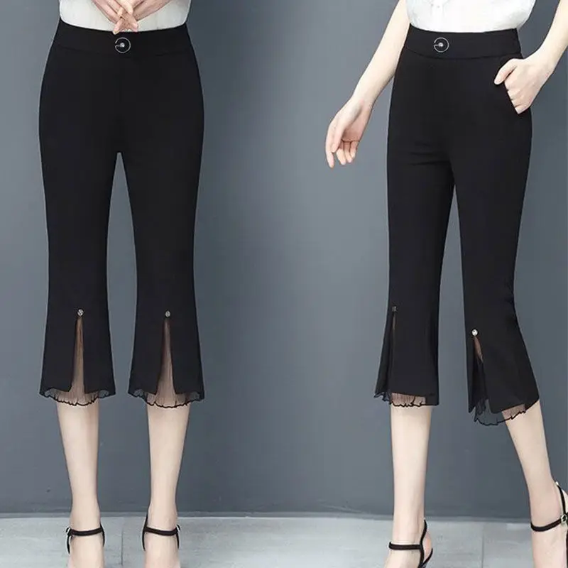 Summer Casual Patchwork Black High Waist Flare Ladies Fashion Lace Elastic Waist Trousers Femme Simplicity Slim Thin Pants Femme