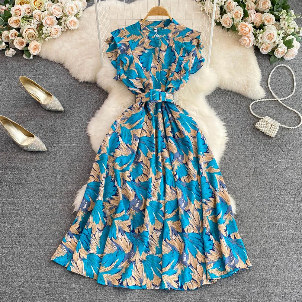 

2023 Summer High Waist Elegant Temperament Long Dress Gentle Style Standing Neck Slim Print A-line Large Swing Dress