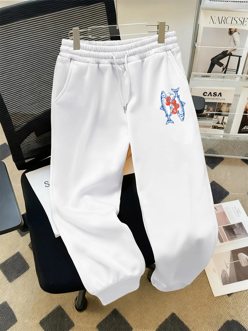Funny Tomato Fish Printing Sweatpants Women Casual Pocket Trousers Autumn Loose Fleece Pants Basics Elastic Waist Woman Clothes