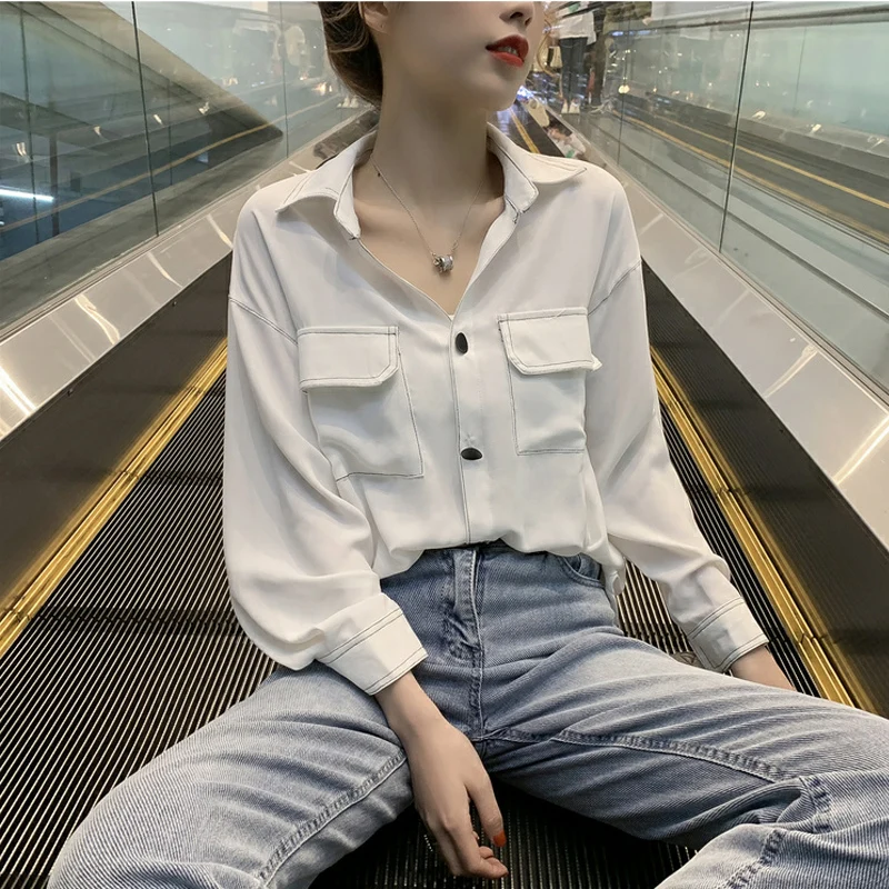 

Loose Chiffon Blouse with Pockets for Women, Solid Office Shirts, All Match Outwear, Coat Tops, Elegant, New, Summer, 2022