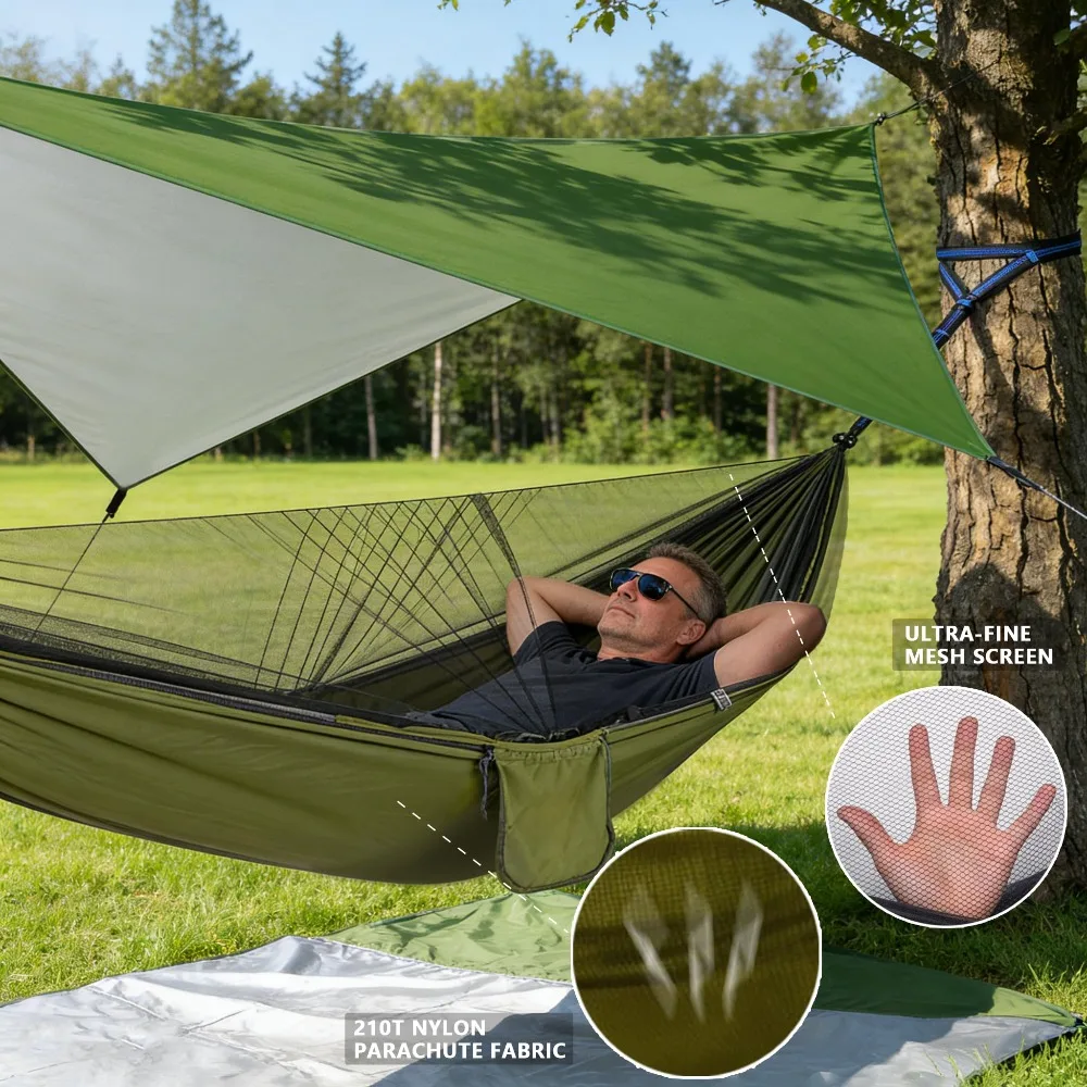 Portable Outdoor Hammock 200KG Weight Capacity with Mosquito Net Rainfly Waterproof Insect Proof Single Double Tree Tent