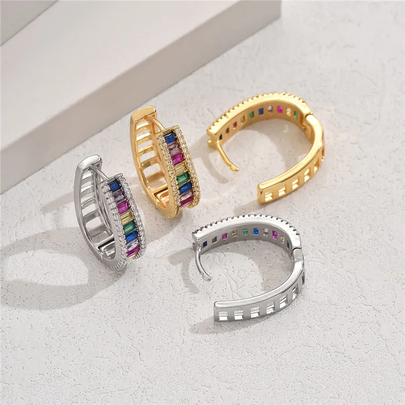 Mystic Rainbow Zircon Stone Geometric Hoop Earrings For Women Fashion Gold Silver Color Wedding Jewelry
