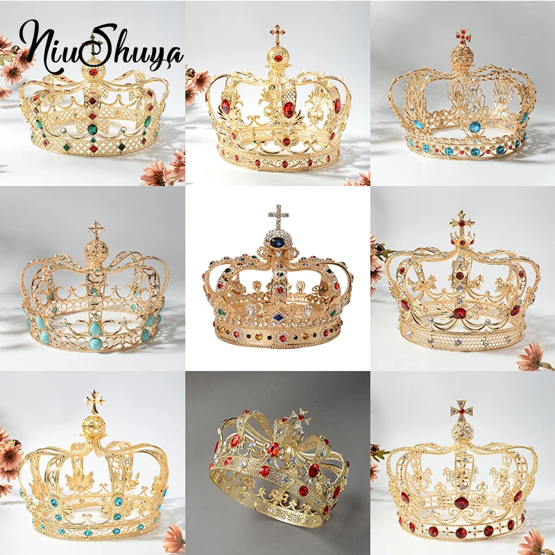 NiuShuya Baroque Vintage Metal Circle Tiara Royal King Crown Men Hair Accessories Performance Unisex Prince Headpiece Jewelries