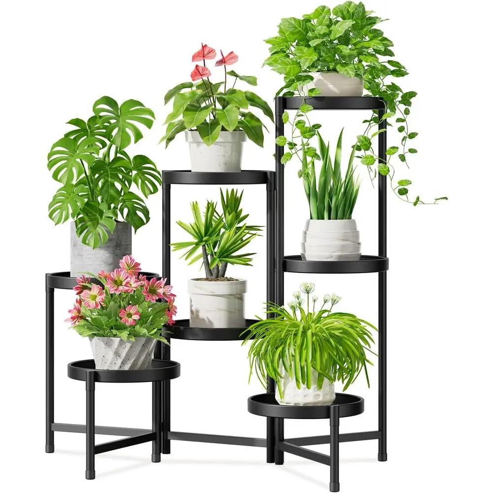 

7-Tier Indoor/Outdoor Plant Stand with 10 Wide Shelves, Black Metal Tiered Display Rack for Living Room or Patio