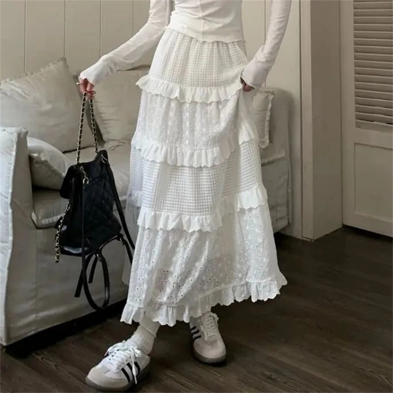 2024 Summer Women Stylish Ruffle Hollow Lace Patchwork Beach Long Skirts Vintage Casual High Waist White Loose A-line Maxi Skirt