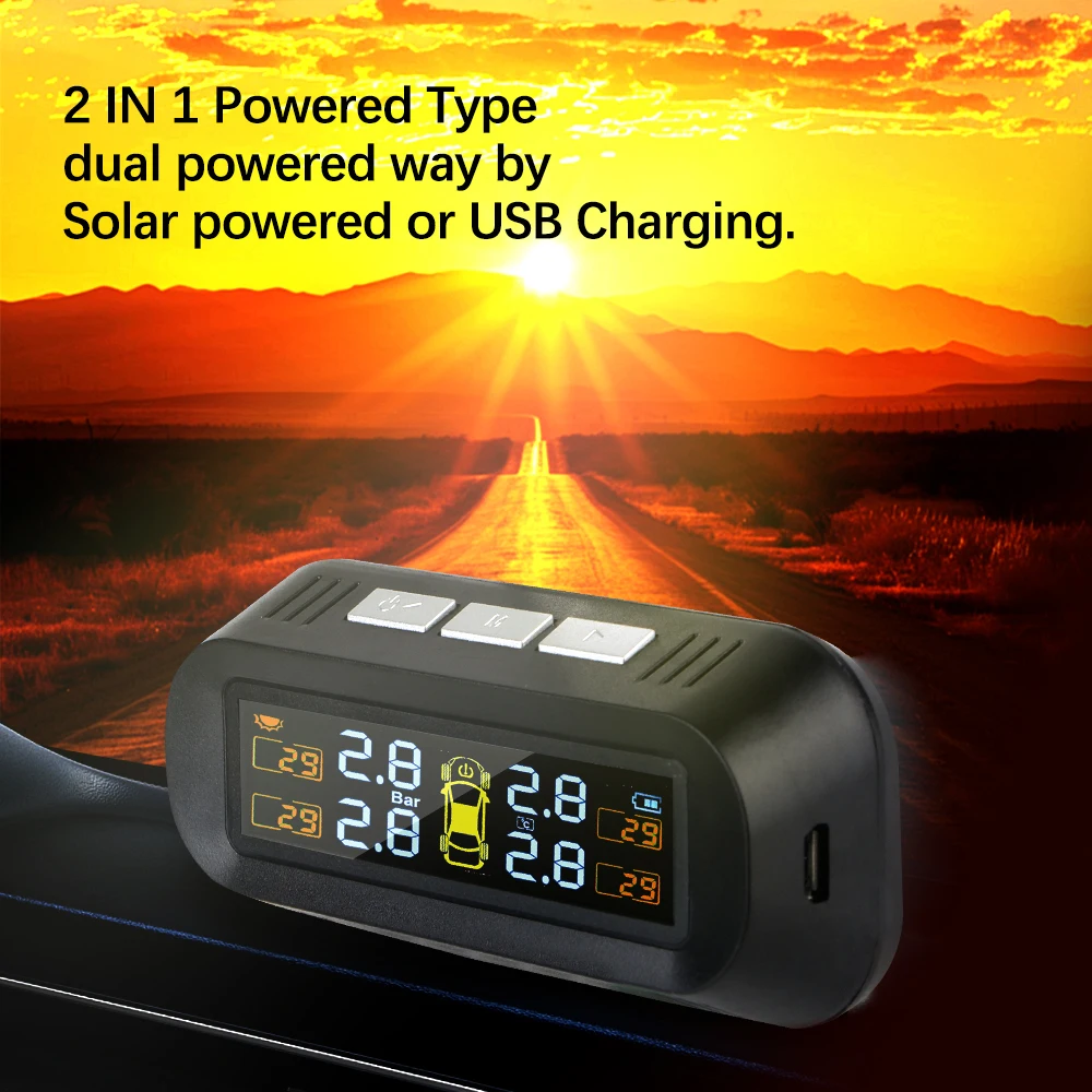

Tire Pressure Monitoring System Digital LCD Display Car TPMS Solar/USB Powered Auto Security Alarm Systems