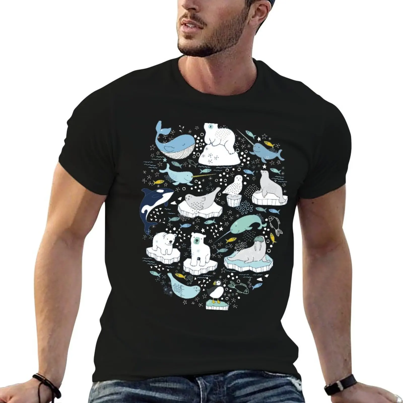 Arctic Animal Icebergs - blue and mustard - Fun Pattern by Cecca Designs T-Shirt heavyweights quick drying mens tall t shirts