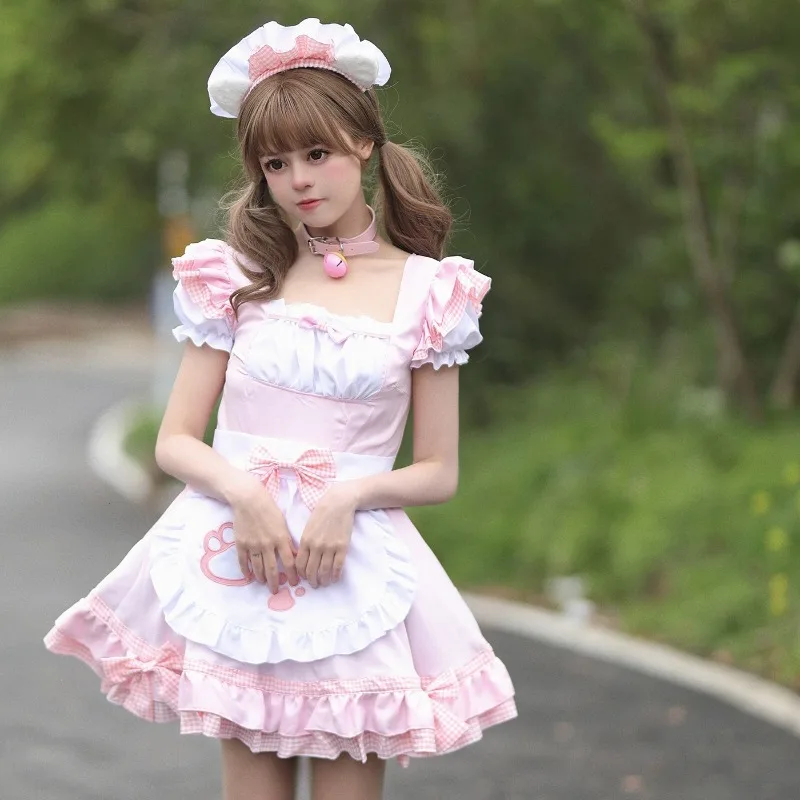 Women Maid Cosplay Costume Short Puff Sleeve Plaid Ruffle Dress with Cat Paw Printed Apron Bow Decor and Headpiece for Party view 2