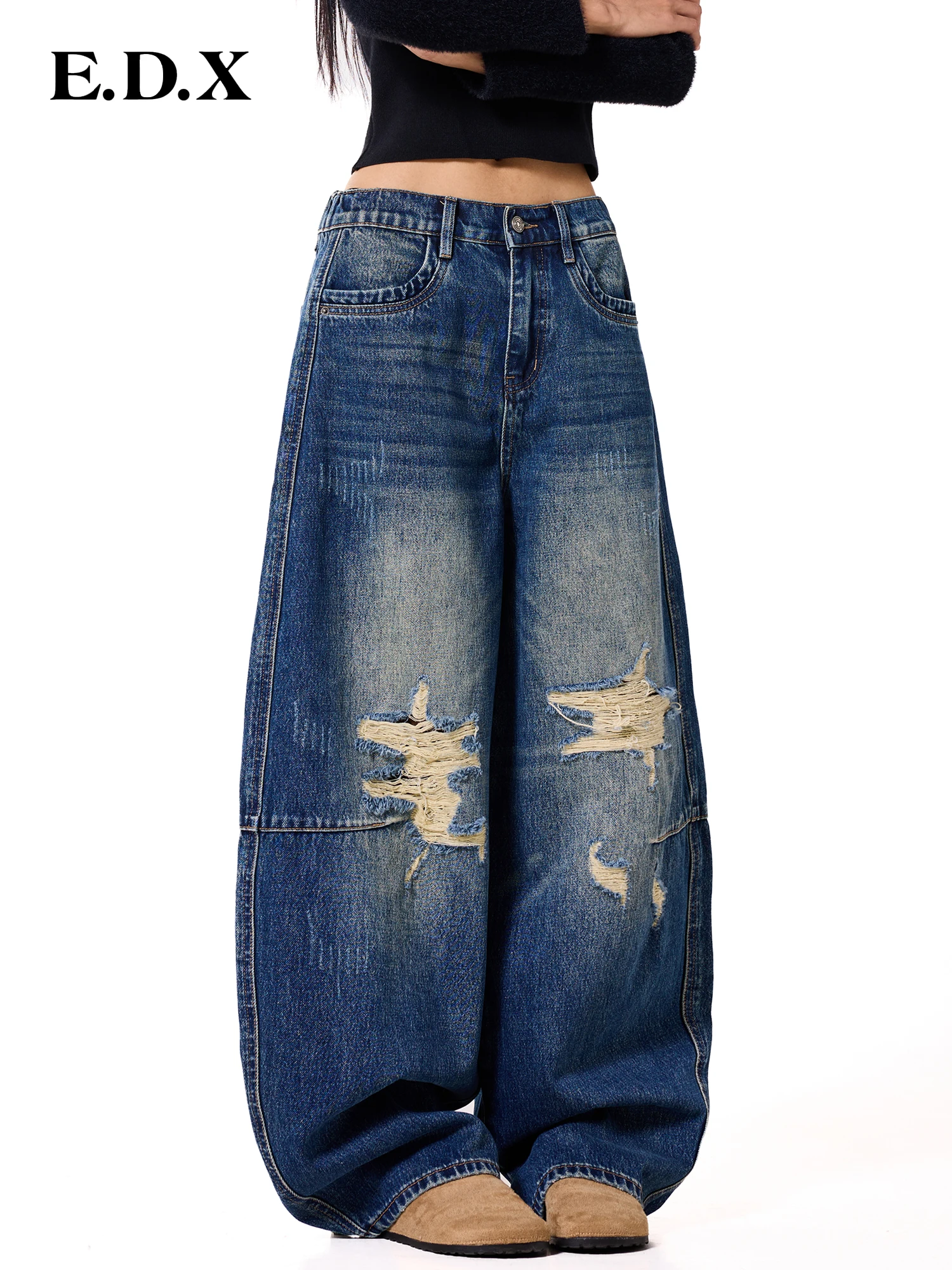 EDX Women's Wide Leg Denim Jeans Spring Autumn Loose Waist Distressed Faded Draping Slimming Floor-Length Trousers Trendy
