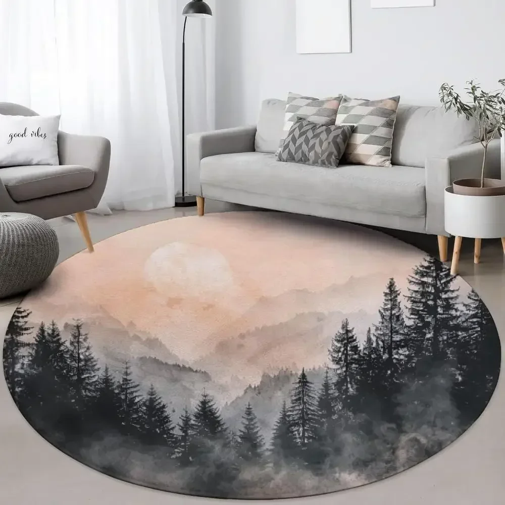 

Sunset orest Round Rug 10 t - Washable & Non-Slip Sot Woodland Botanical Circle Rugs or Living Room, Jungle Tree Design, Low Pil