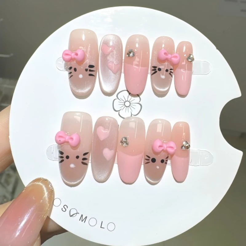 

10PCS Handmade Pink Cat Press on Nails 3D Bow Hand-painted Love Sticker Diamond Piercing Nail Sweet Pink Cat Eye Fake Nail