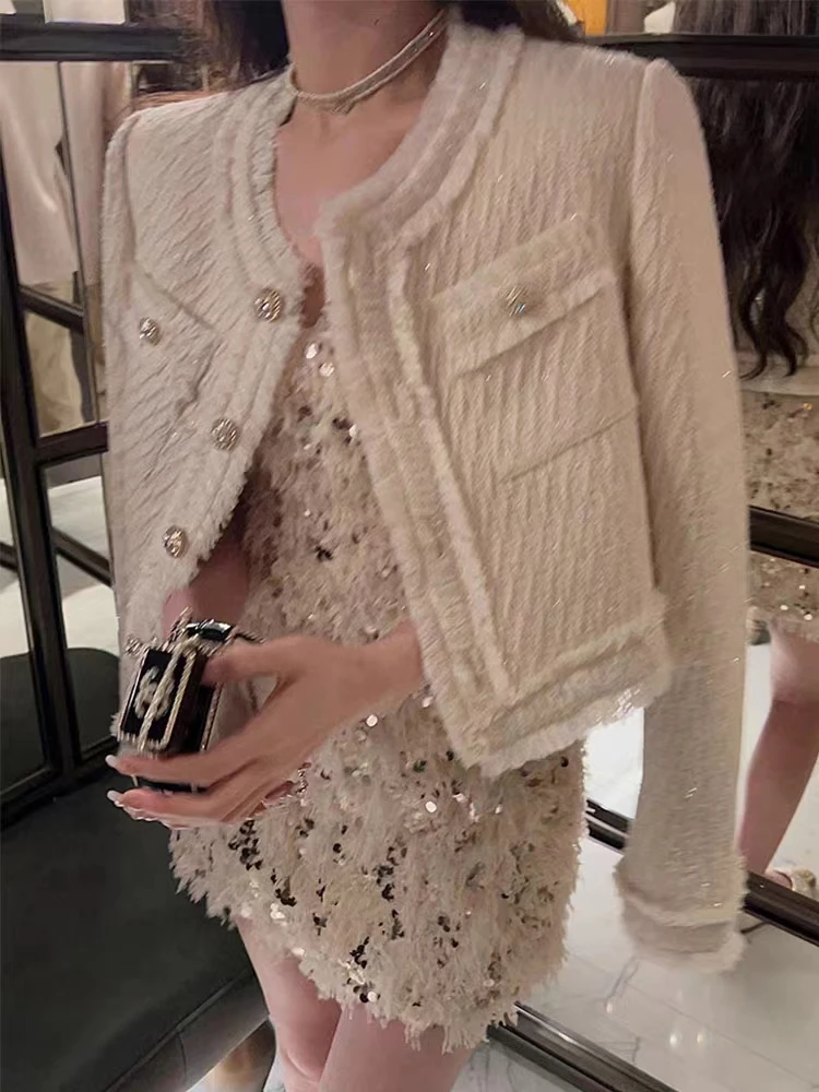 

New 2024 Spring High End Tassel Tweed Jacket Coat Women Small Fragrance Sequin Long Sleeve Short Coats Korean Fashion Tops Retro