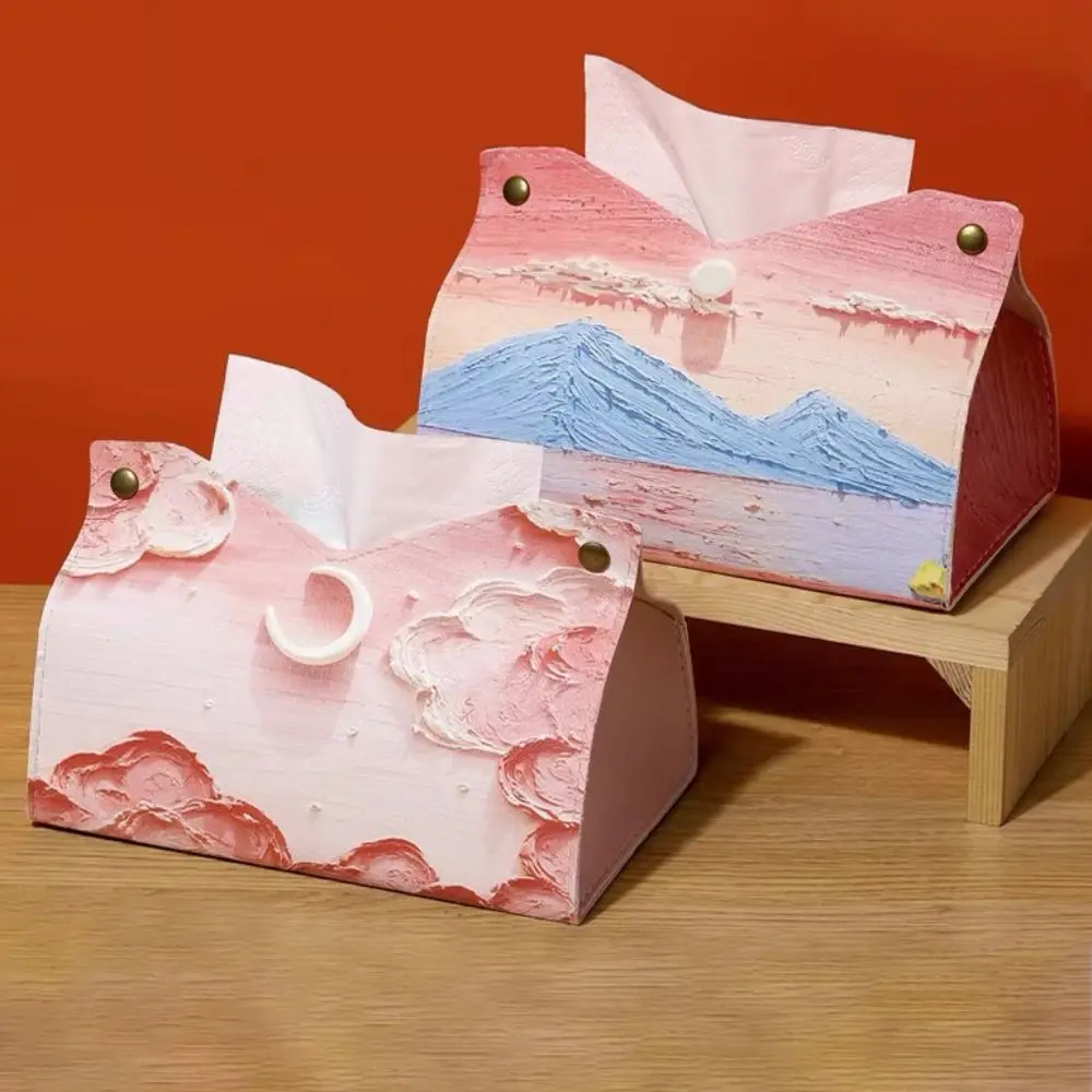 Aesthetic Leather Pink Tissue Case Large Storage Durable Paper Towel Box Creative Oil Painting Car Tissue Box Car