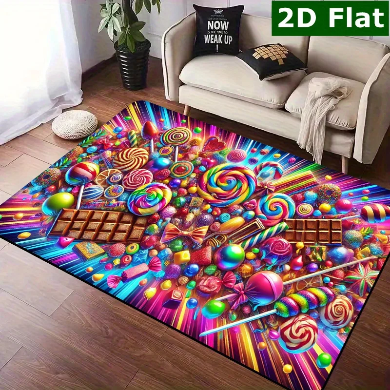 2D Flat Colorful Candy Lollipop Chocolate Explosion Flannel Door Mat Non Slip Sweet Tooth Rug For Entryway Kids Room Floor