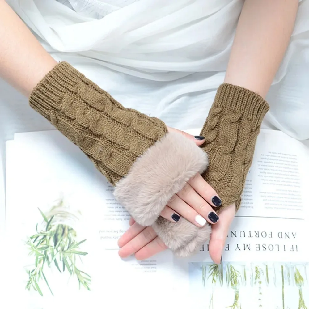 Guantes de medio dedo para mujer, calentadores de manos cálidos con dedos abiertos, mangas de brazo retorcidas de lana tejidas de Color sólido, guantes sin dedos