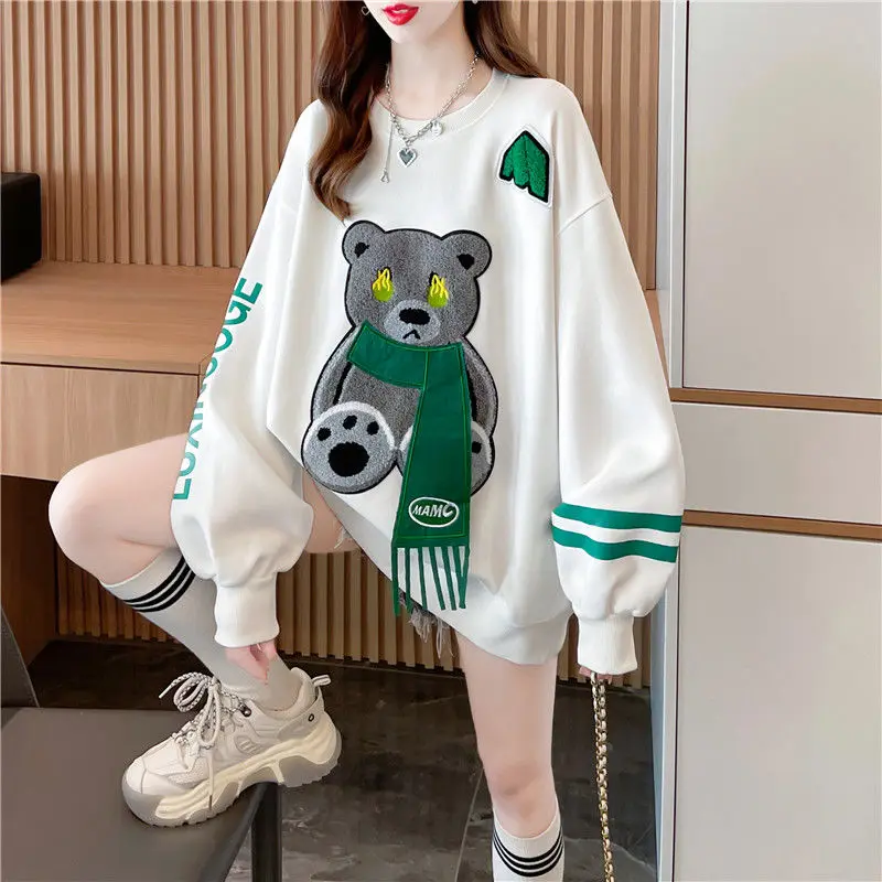 Moletons femininos bordados emendados com decote em o desenho animado, roupas femininas, tops casuais soltos, moda coreana, outono, inverno, 2023
