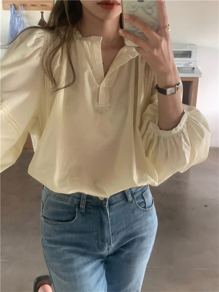 Colorfaith BL9886 New 2024 Patchwork Korean Fashion Puff Sleeve Oversized Women Shirts Spring Summer Elegant Blouses Lady Tops