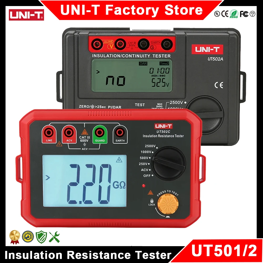 UNI-T UT501A UT501C UT502A UT502C Insulation Resistance Tester Megohmmeter 1000V 2500V Ohm Meter Megometer Digital Ohmmeter