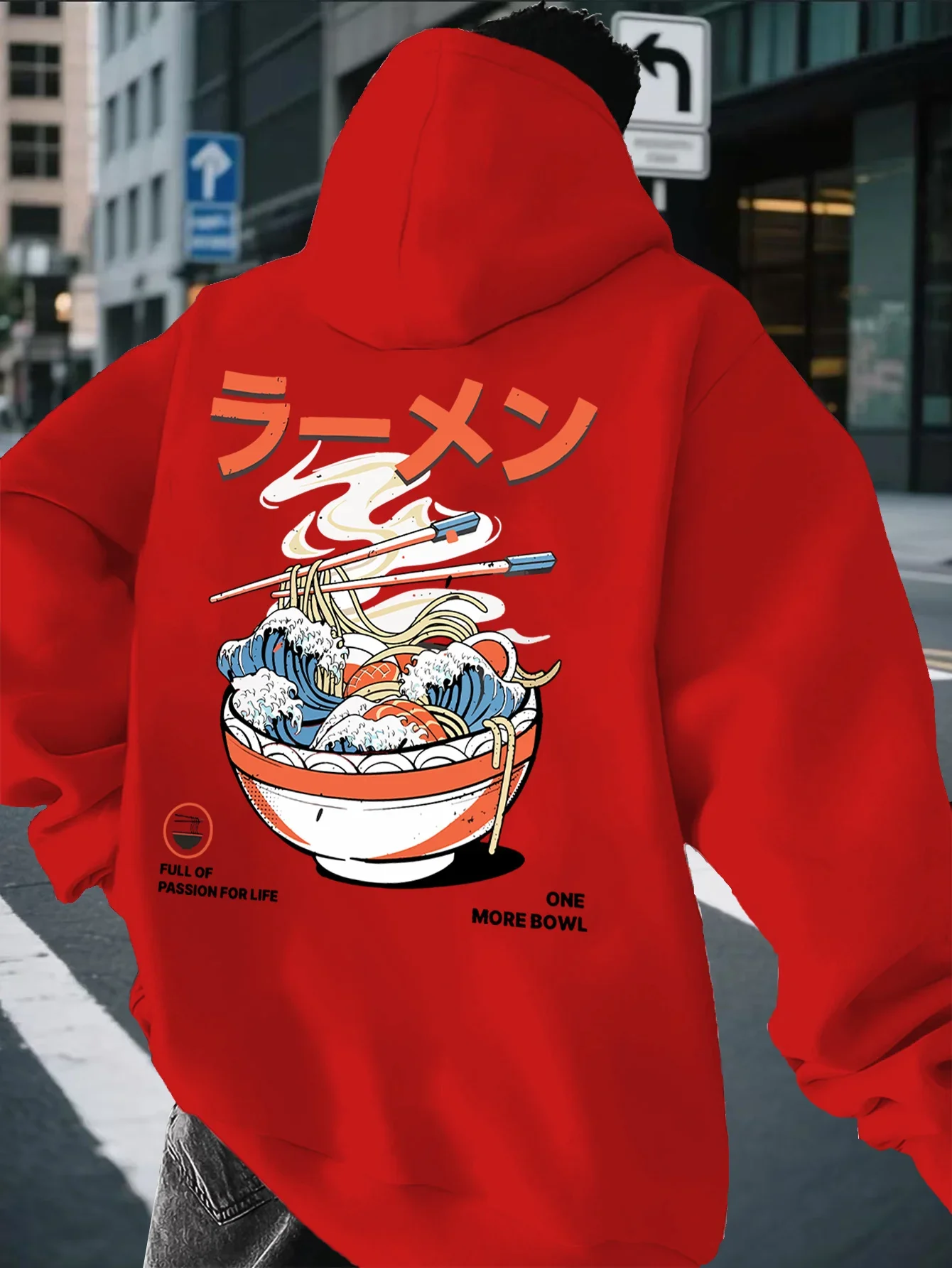 Men’s Japanese Ramen Hoodie Autumn Winter Fleece Sweatshirt Noodle Wave Graphic Print Oversized Loose Fit Streetwear Pullover
