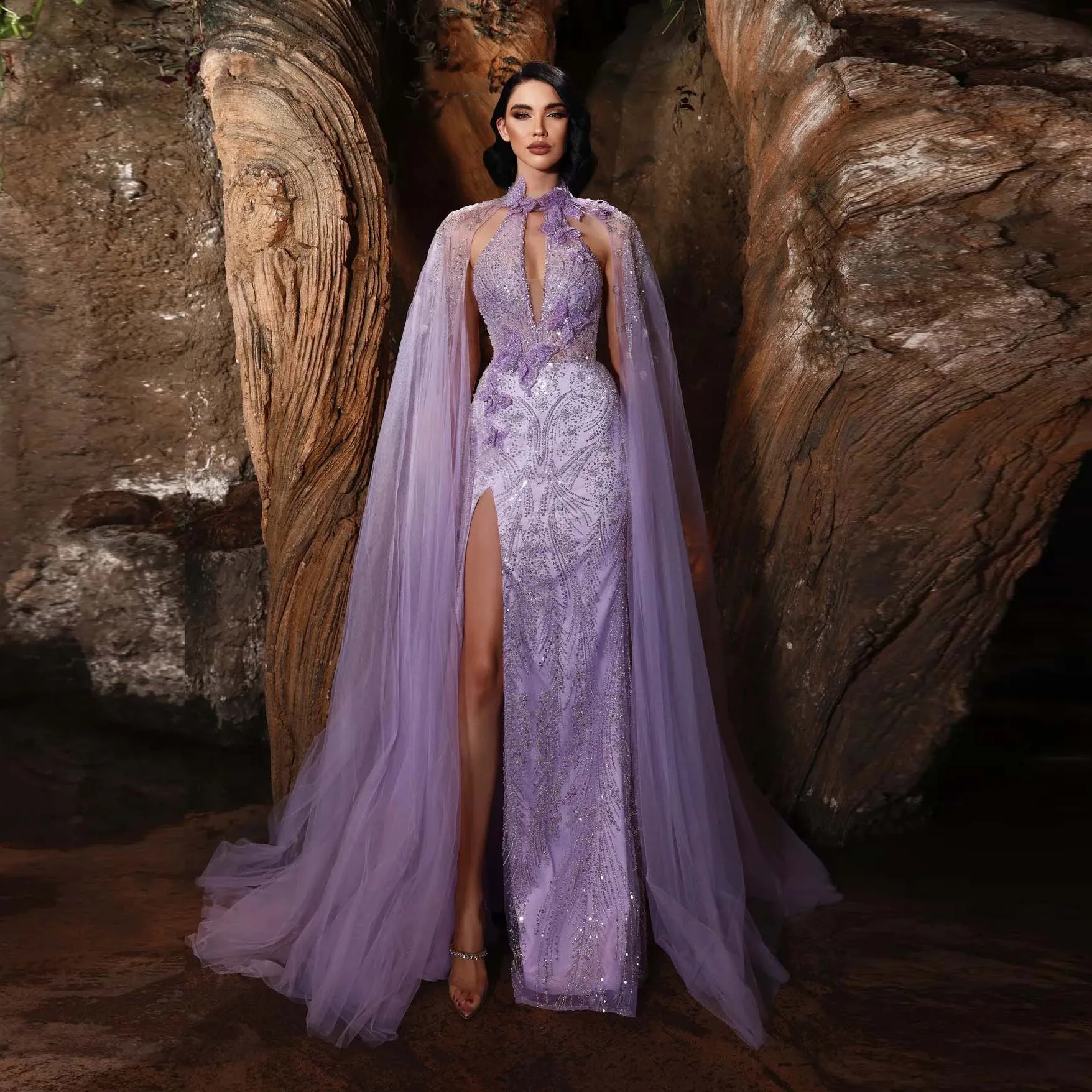 2024 Couture Lilac Beaded Prom Dresses with Cap Long Sleeves Exquisite Embroidery Lace Arabic Formal Dress فساتين للحفلات الراقص