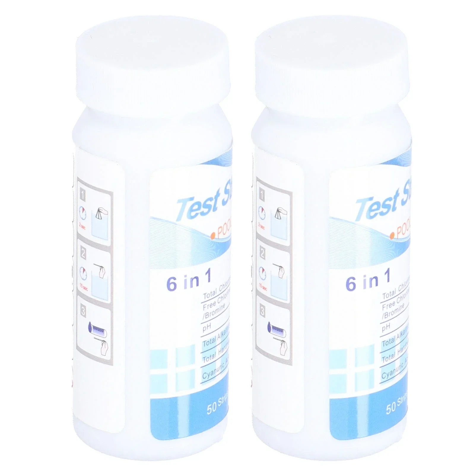 Testeur de piscine 6 en 1, 2 bouteilles, bandelettes de test pour piscine, combo total sans ine, combo ine/brome, pH, alcalinité, dureté, acide cyanurique