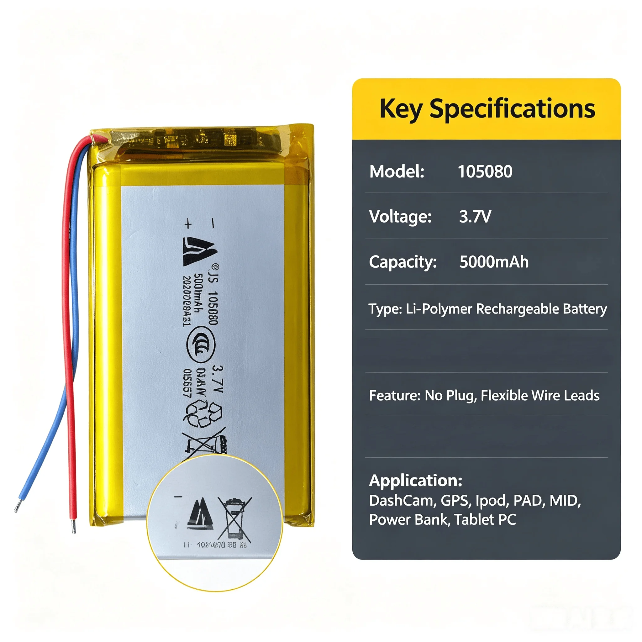 105080 3.7V 5000mAh Li-Polymer Battery, No Plug Rechargeable Li-Po Cell For DashCam GPS Ipod PAD MID Power Bank Tablet PC