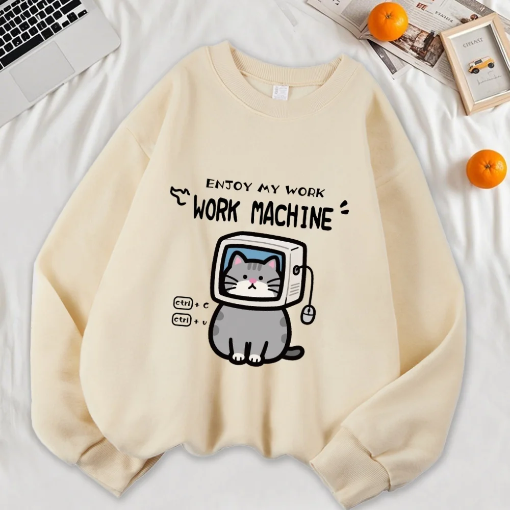 

Work Machine Computer Mouse Cat Printed Sweatshirt Women Fleece Fashion Pullover All-Match Autumn Sportswear Crewneck Clothes