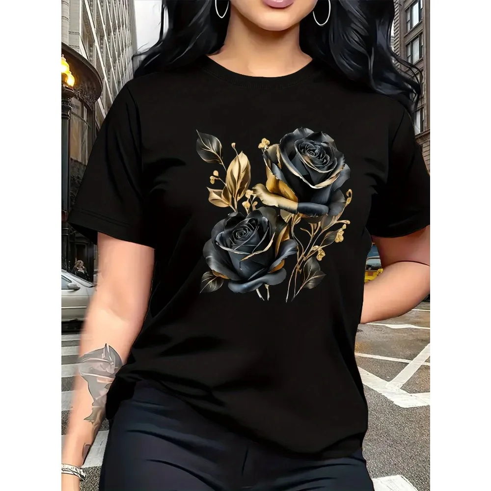 Women Round Neck T-Shirt A Stylish Luxurious Vintage Design with a Black And Golden Rose Pattern Fashionable Print Casual Trend