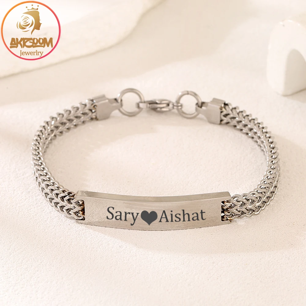 Akizoom Punk Man Engrave Name Bracelets Gold Color Customized Stainless Steel Thick Hand Chain Men Women Christmas Jewelry Gift