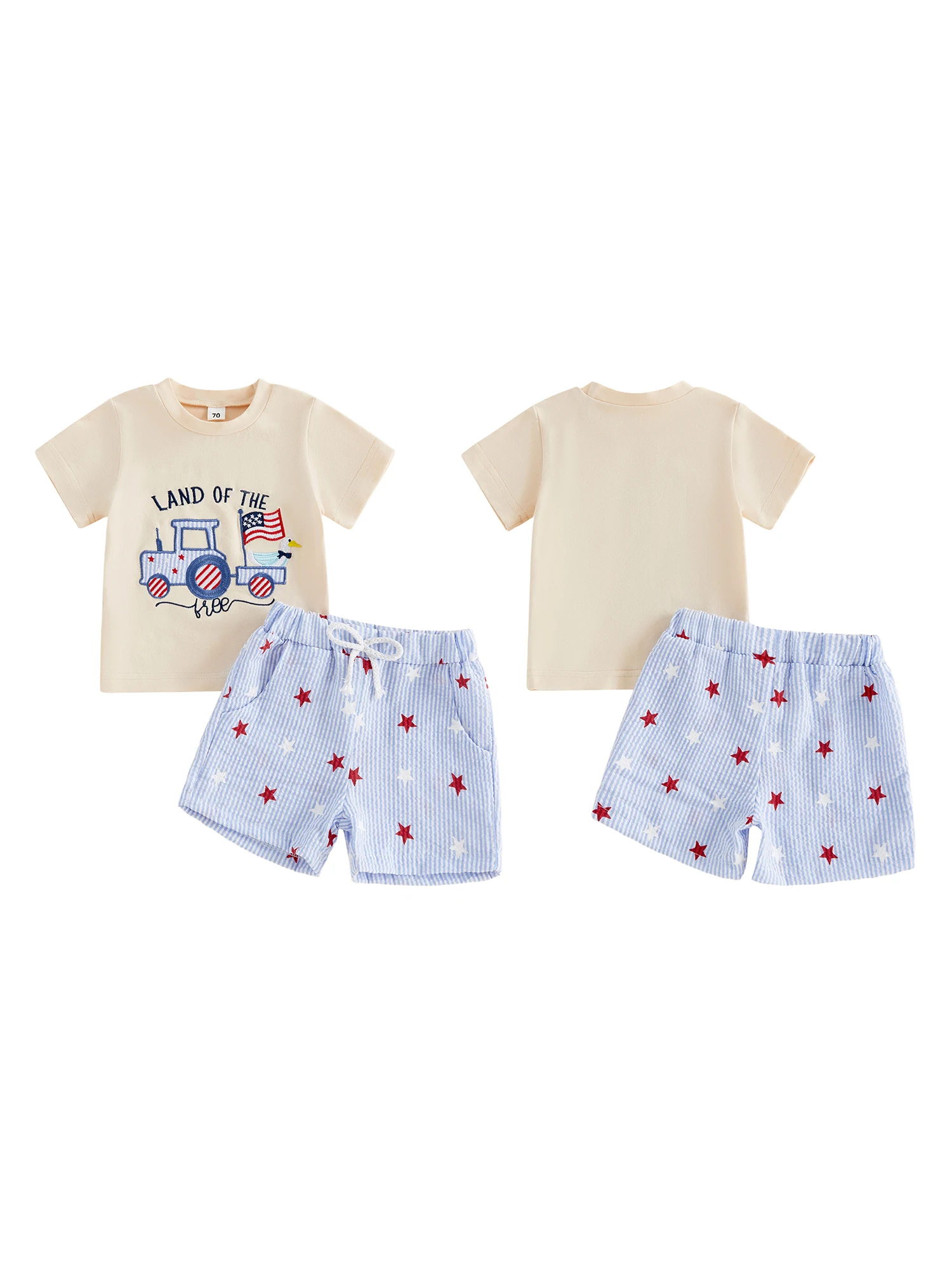 

Комплект для мальчиков на День независимости: футболка с коротким рукавом и вышивкой американского флага, а также шорты в полоску в тон.