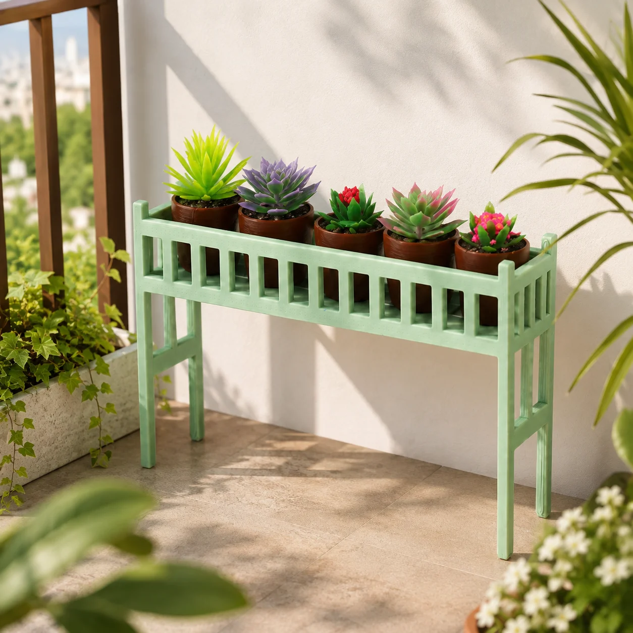 Móveis para Casa de Bonecas em Escala 1:12, Suporte para Plantas Impresso em 3D, Inclui 5 Vasos de Flores Aleatórios, Material Pla (Não Madeira), Suporte para Exibição de Vasos de Flores, Disponível em Duas Cores, Adequado para Decoração de Jardim, Varanda e Outras Cenários.