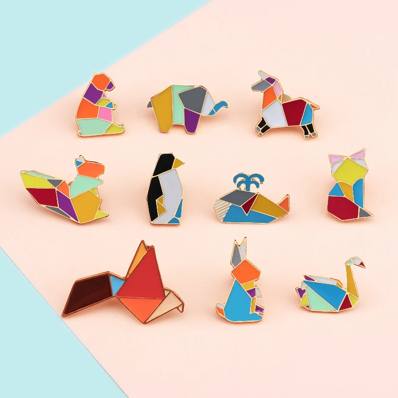 Colorful Origami Splicing Brooch Rabbit Elephant Whale Penguin Crane Bear Enamel Pins Bag Clothes Metal Lapel Pin Badges Jewelry