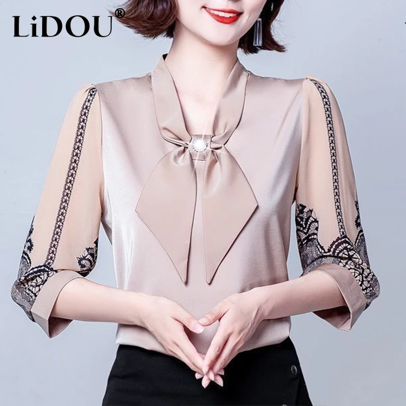 Spring Autumn Elegant Fashion Korean Shirt Women Solid Color Seven-quarter Sleeve Lady Blouse Tops Aesthetic Chic Female Clothes