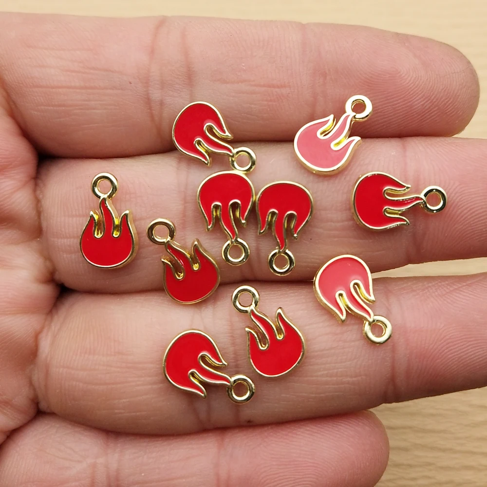 10pcs Flame Charm Jewelry Accessories Enamel Necklace Earring Pendant Diy Making Supplies Alloy Metal Gold Plated