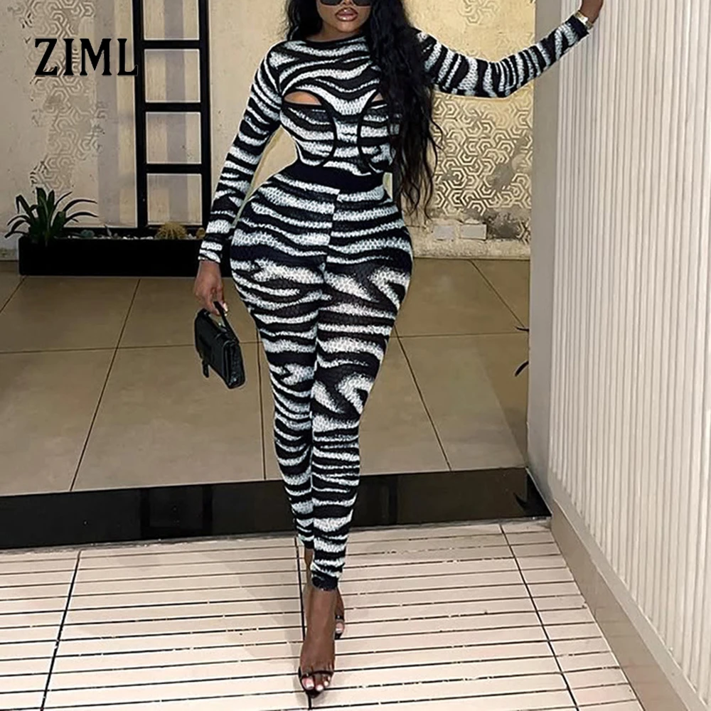 

VGH Зебра Полоса Утягивающие комплекты из двух предметов для женщин Круглый вырез с длинным рукавом Топ Брюки с высокой талией Дизайнерский комплект Женская мода Новый