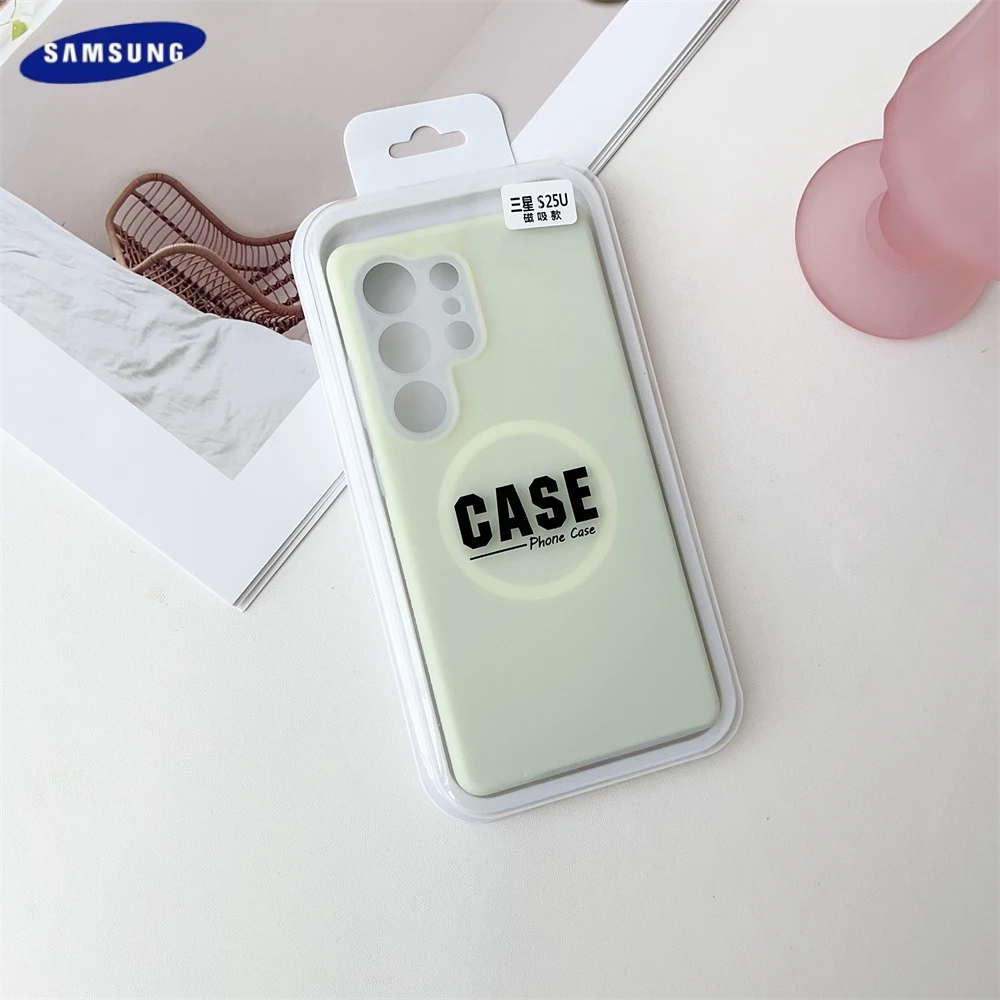 حافظة مغناطيسية فاخرة من السيليكون السائل غير اللامع لهاتف سامسونج جالاكسي S25 S23 S24 Ultra Plus FE لغطاء ممتص الصدمات Magsafe مع صندوق