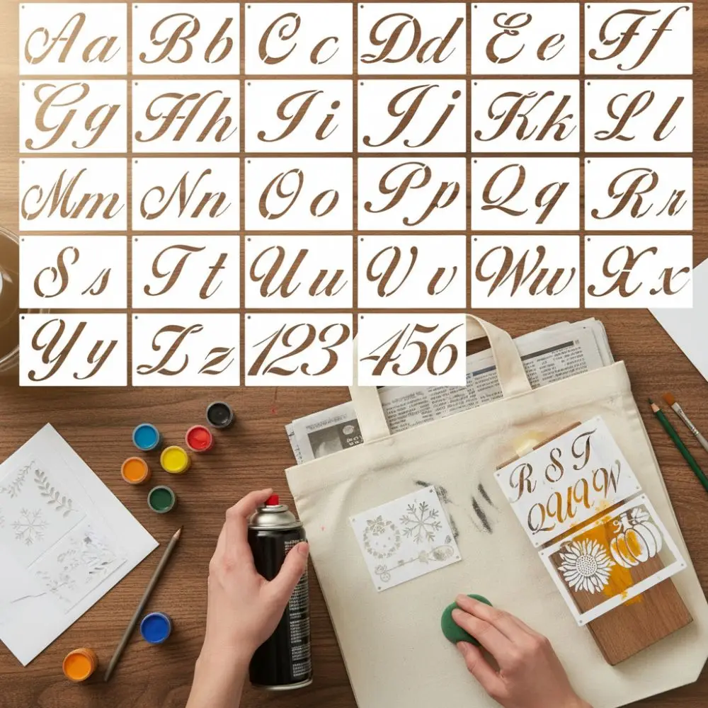 50pcs/set Letter DIY Painting Stencil Set Hollow Reusable Spray Painting Stencils Washable PET Painting Templates Card Making
