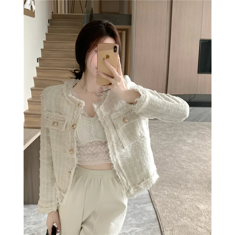 French White Tweed Crop Jacket for Women 2026 Autumn Elegant Slimming Decor Button Coat Woman Round Neck Long Sleeve Outerwear