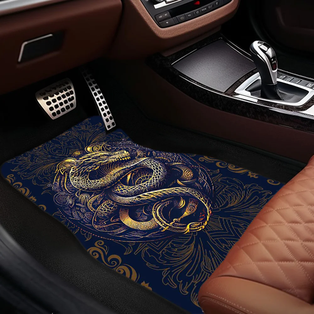 Black Golden Snake Pattern Car Mats: Universal Fit For All Seasons, Comfortable And Durable, Suitable For Most Car Front And Rea