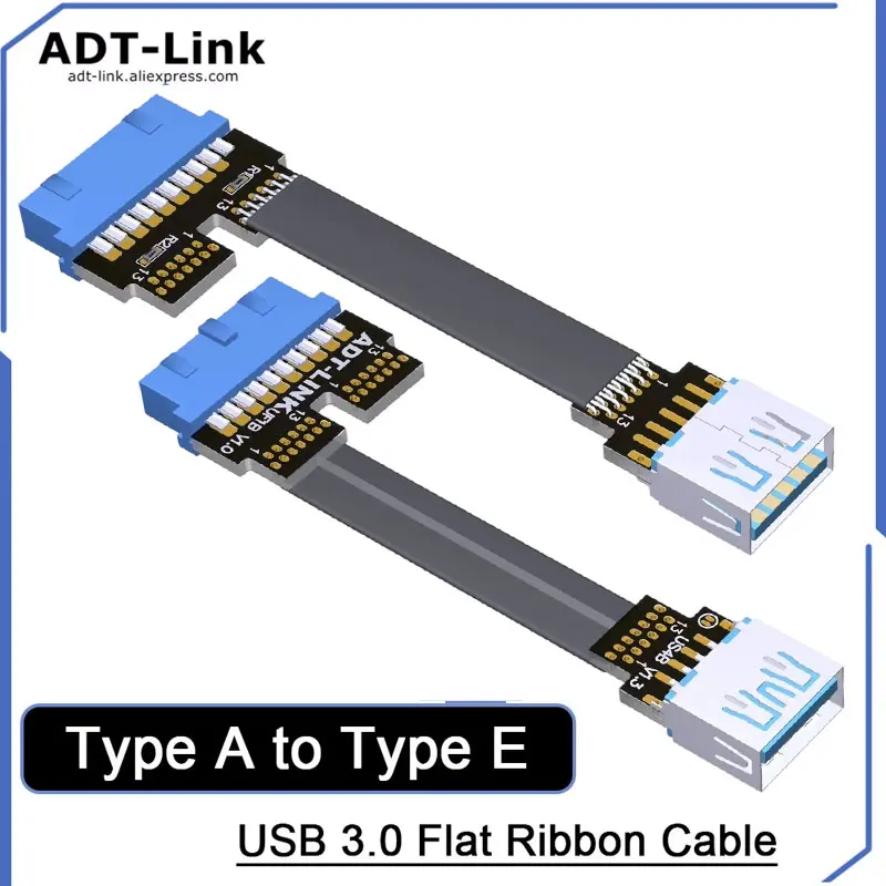 

ADT-Link USB 3.0 Double Type A to Type E Flat Extension Cable Blue Interface 19P/20P Front Rear Corner with Screw Holes Adapter