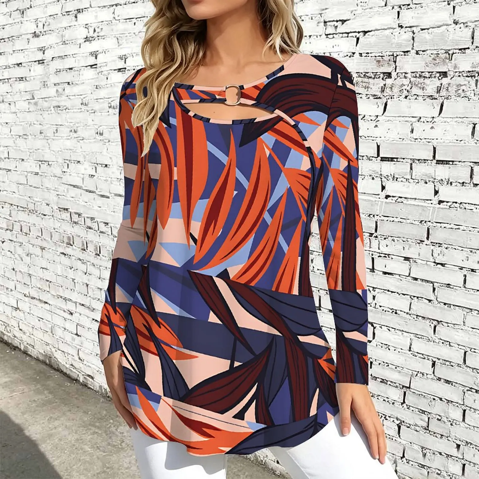 Women Long Sleeve Tunic Top Print O Ring Cutout Neck Loose A Line Hem Casual Ladies Blouse
