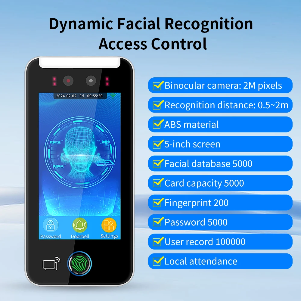 WiFi AI Face Fingerprint Attendance Access Control Machine 5 1080P HD TCP/IP Biometric Smart Door Recognition