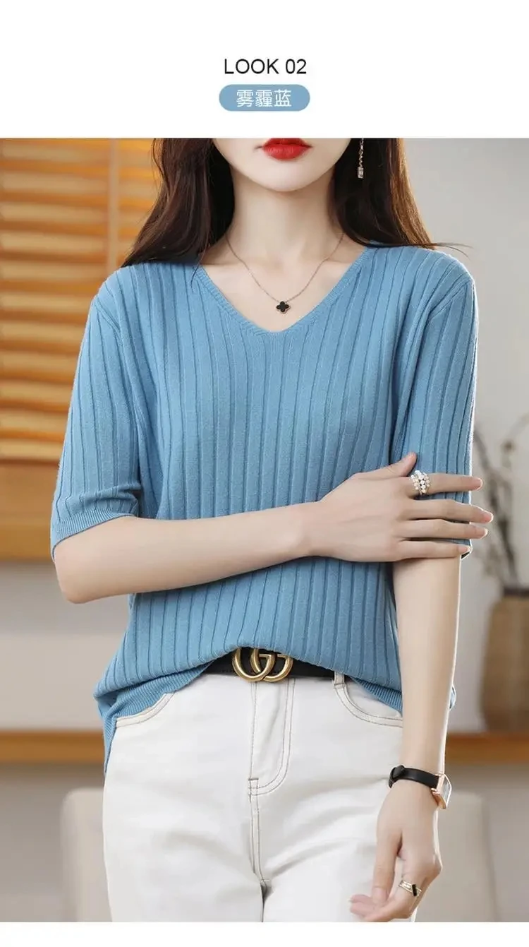 Women's Spring Fashion Simplicity Solid Color V-neck 3/4 Sleeve Knitwear Women Clothing Office Lady All-match Casual Loose Tops