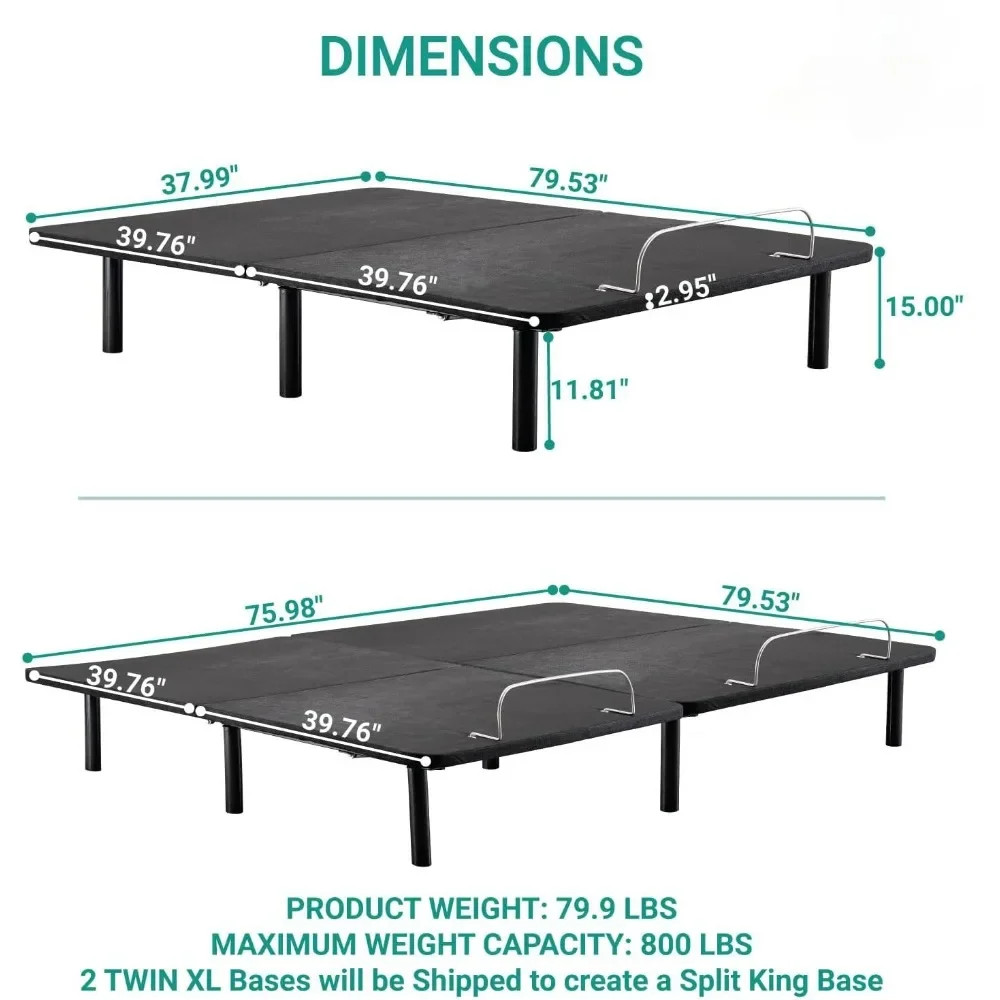 Verstelbaar bedframe Split King, hoofd- en voethelling, 7 verstelbare posities, draadloze afstandsbediening, compact, elektrisch bedframe