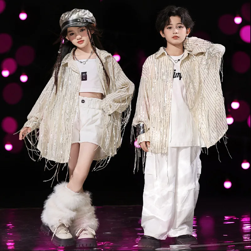 

Kids White Tassel Jazz Dance Costume Girls Kpop Hip Hop Dance Costume Fashion Catwalk Show Stage Outfit Children Shirt Pants
