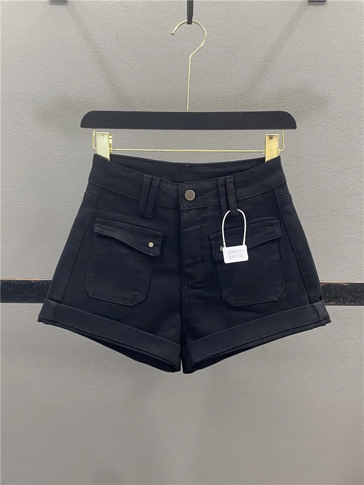 

Retro Black Denim Shorts Women's Summer Design Slimming Hot Pants A-Line Wide Leg Hot Pants Casual Cotton Stretch Denim