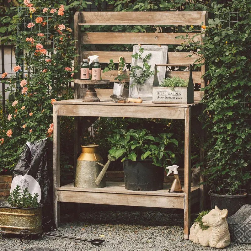 Gardening Console Retro Old Solid Wood Gardening Table Gardening Tools Storage Garden Shelf