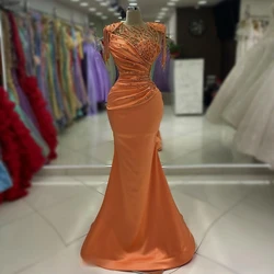 Simple Orange Prom Dresses Mermaid Sleeveless Pearls Vestidos De Noche Wedding Guests Gown For Women